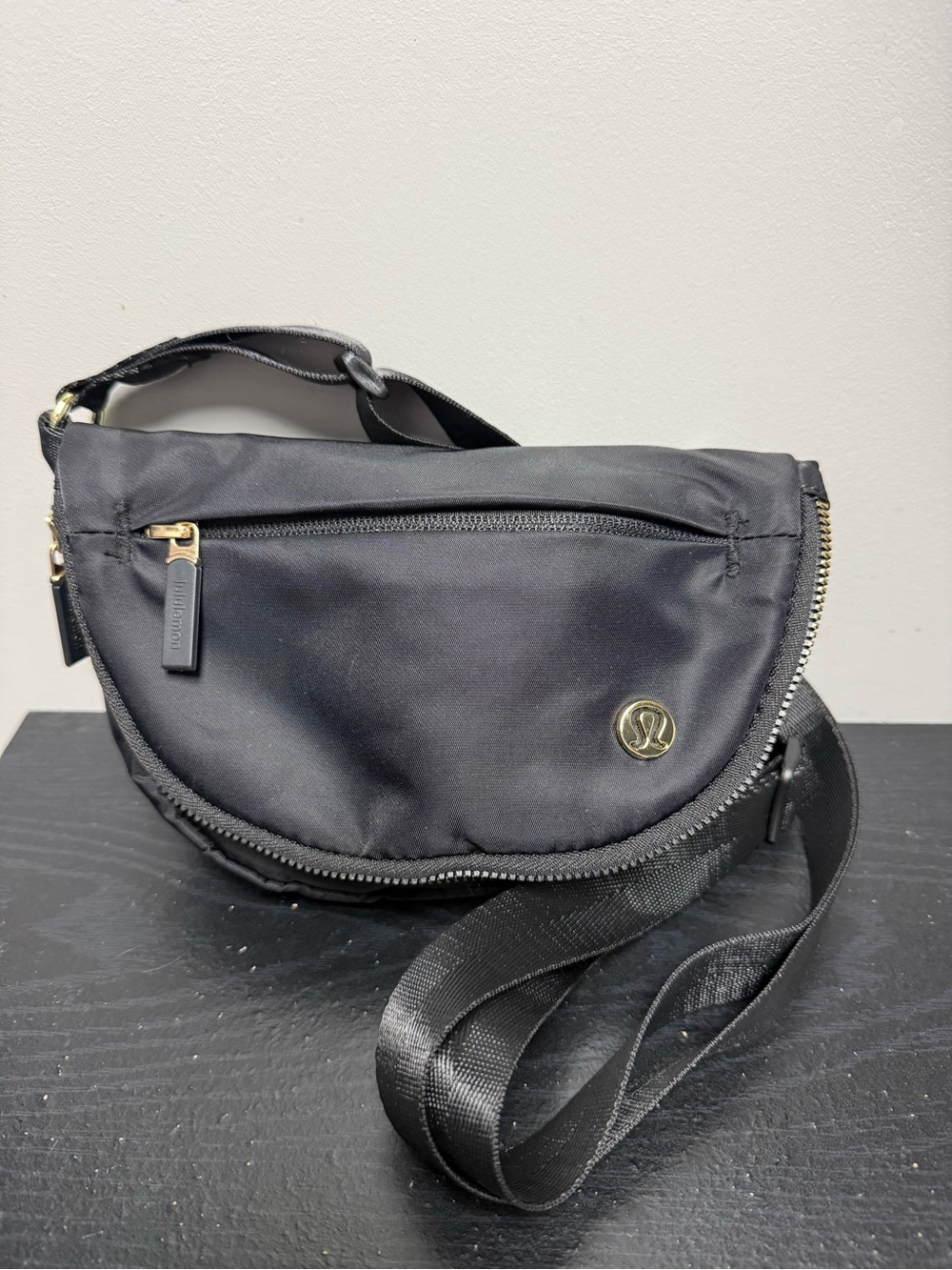 lululemon athletica Black Crossbody Sling Bag with Gold Accents